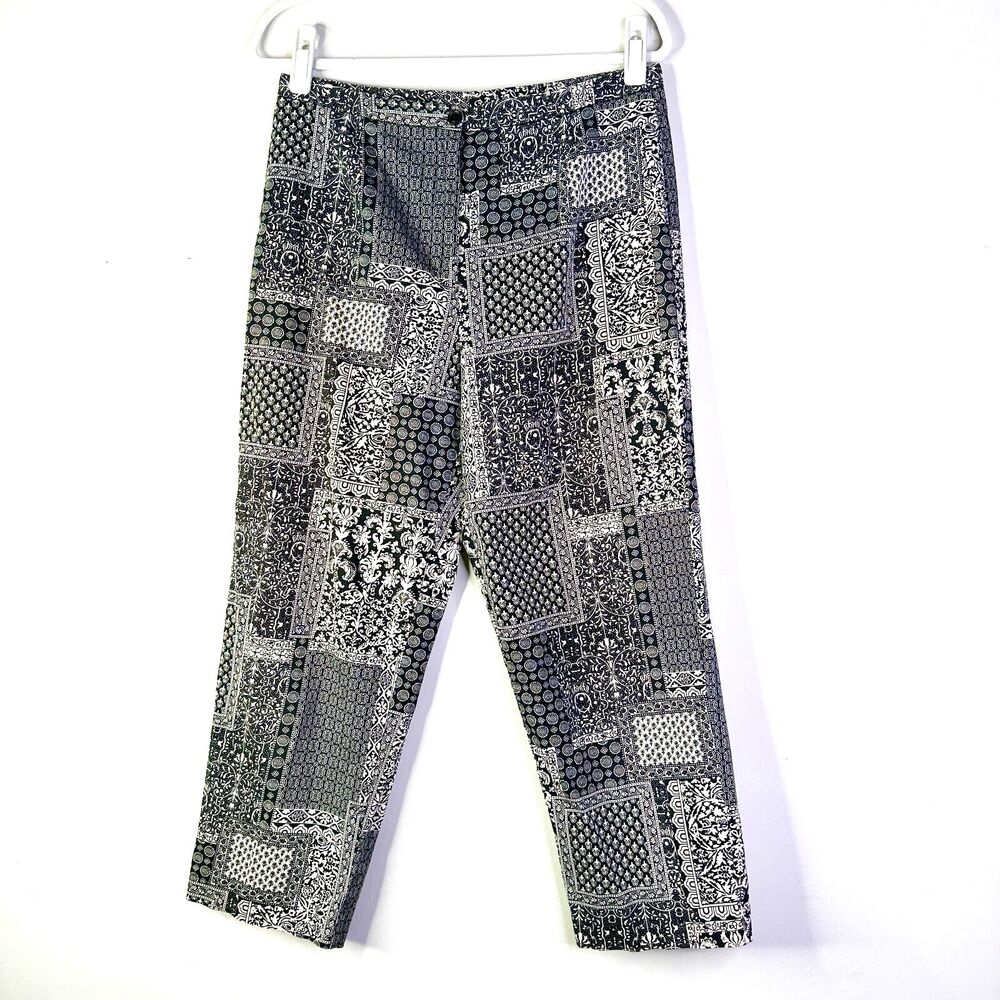 Talbots Pants Women 12 Black White Paisley Patchwork High Rise Cotton Cropped